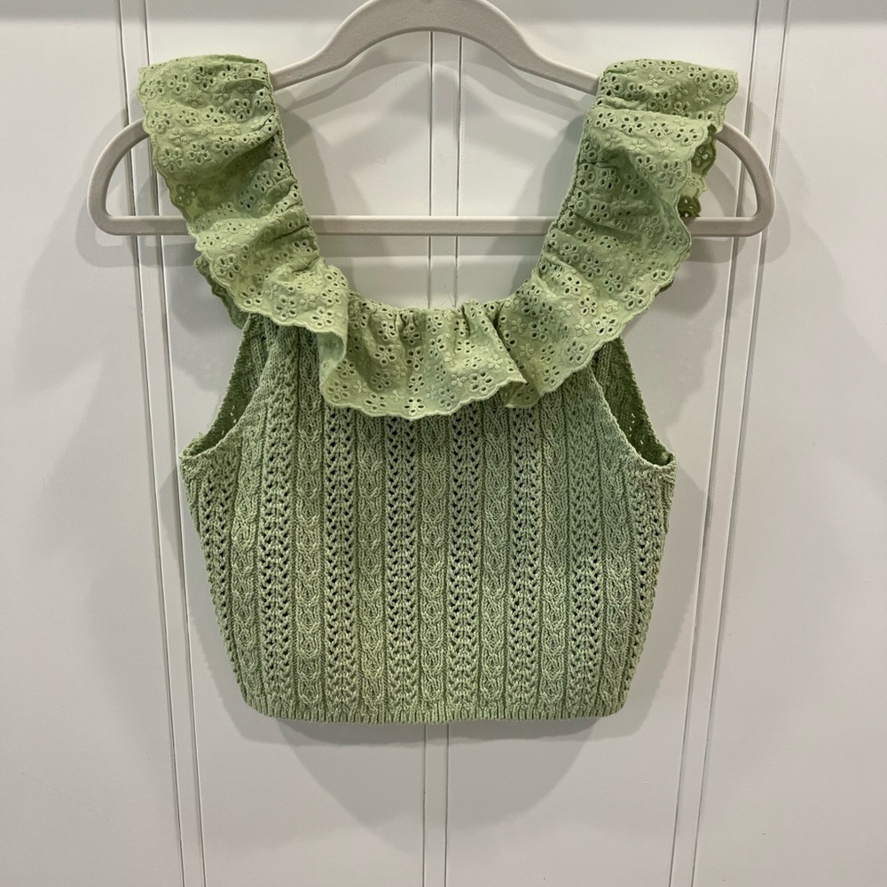 Zara Light Green Eyelet Ruffle Knit Tank